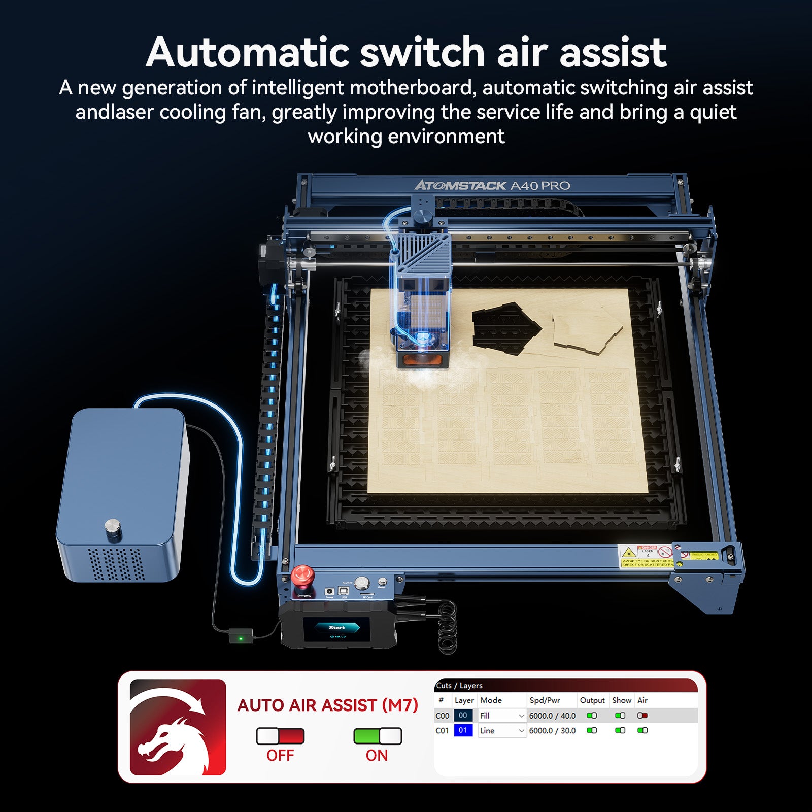 ATOMSTACK A40 Pro 210W Laser Machine Equiped with F30 Pro Air Assist Kit